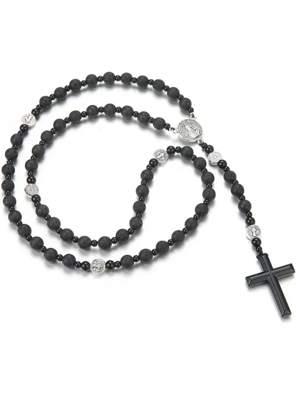 Men's Tiger Eye & Obsidian Cross Necklace, Hematite Lava Rock Healing Pendant